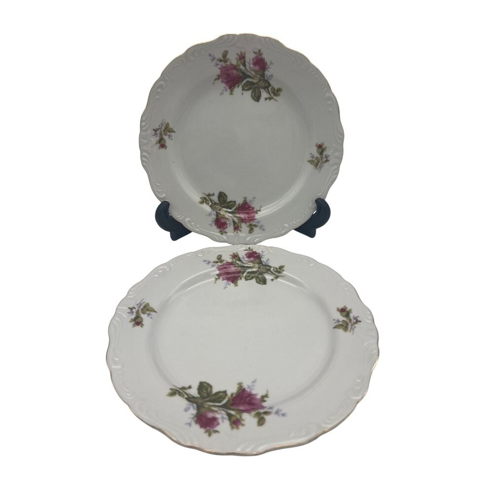 Vintage Moss Rose Style Floral Salad Plates Pair Pink Roses Scalloped Gold Trim